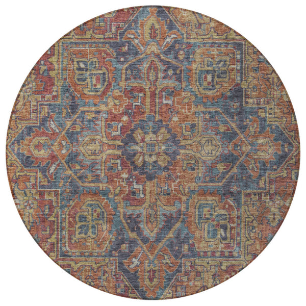 Homeroots 8' Round Red Orange And Blue Round Oriental Washable Non Skid Indoor Outdoor Area Rug Red Polyester 563840