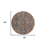 Homeroots 8' Round Red Orange And Blue Round Oriental Washable Non Skid Indoor Outdoor Area Rug Red Polyester 563840