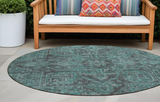 Homeroots 8' Round Turquoise Round Oriental Washable Non Skid Indoor Outdoor Area Rug Turquoise Polyester 563849