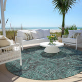 Homeroots 8' Round Turquoise Round Oriental Washable Non Skid Indoor Outdoor Area Rug Turquoise Polyester 563849