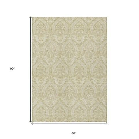 Homeroots 8' Runner Light Green Damask Washable Non-skid Rug - Perfect For Indoor & Outdoor Spaces! 5' X 8' Polyester 563857