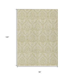 Homeroots 8' X 10' Light Green Damask Washable Non Skid Indoor Outdoor Area Rug Beige Polyester 563859
