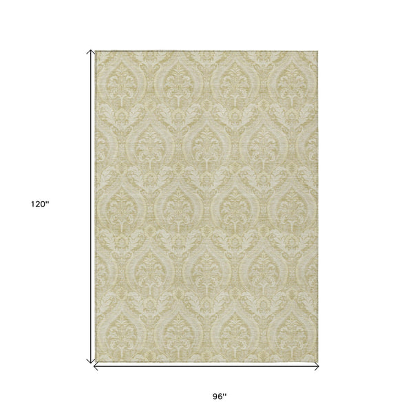 Homeroots 8' X 10' Light Green Damask Washable Non Skid Indoor Outdoor Area Rug Beige Polyester 563859