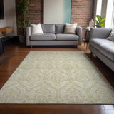 Homeroots 8' X 10' Light Green Damask Washable Non Skid Indoor Outdoor Area Rug Beige Polyester 563859