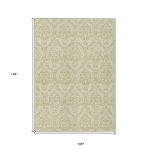Homeroots 9' X 12' Light Green Damask Washable Non Skid Indoor Outdoor Area Rug Beige Polyester 563860