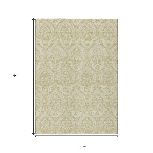Homeroots 9' X 12' Light Green Damask Washable Non Skid Indoor Outdoor Area Rug Beige Polyester 563860