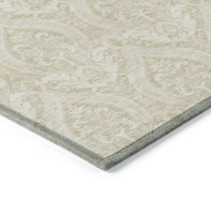 Homeroots 9' X 12' Light Green Damask Washable Non Skid Indoor Outdoor Area Rug Beige Polyester 563860