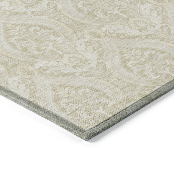Homeroots 9' X 12' Light Green Damask Washable Non Skid Indoor Outdoor Area Rug Beige Polyester 563860