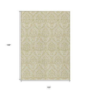 Homeroots 10' X 14' Light Green Damask Washable Non Skid Indoor Outdoor Area Rug Beige Polyester 563861