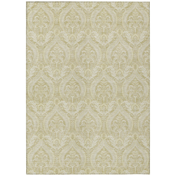Homeroots 10' X 14' Light Green Damask Washable Non Skid Indoor Outdoor Area Rug Beige Polyester 563861