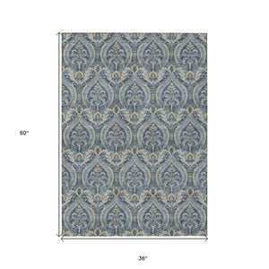 Homeroots 3' X 5' Blue And Cream Damask Washable Non Skid Indoor Outdoor Area Rug Blue Polyester 563865