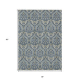 Homeroots 3' X 5' Blue And Cream Damask Washable Non Skid Indoor Outdoor Area Rug Blue Polyester 563865