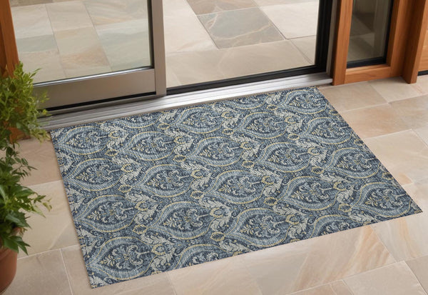 Homeroots 3' X 5' Blue And Cream Damask Washable Non Skid Indoor Outdoor Area Rug Blue Polyester 563865