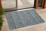 Homeroots 3' X 5' Blue And Cream Damask Washable Non Skid Indoor Outdoor Area Rug Blue Polyester 563865