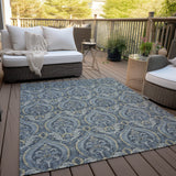 Homeroots 3' X 5' Blue And Cream Damask Washable Non Skid Indoor Outdoor Area Rug Blue Polyester 563865