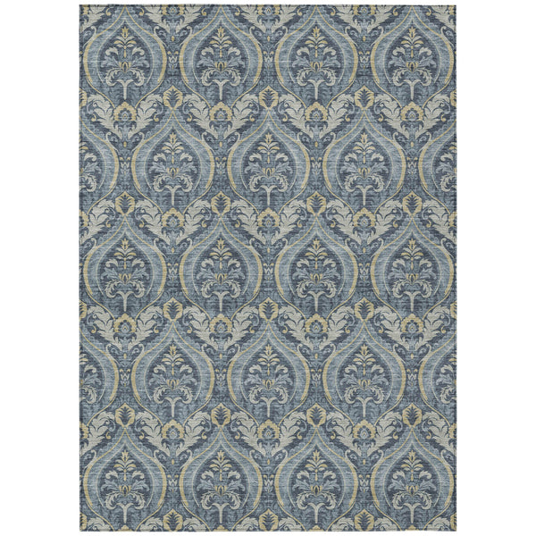 Homeroots 3' X 5' Blue And Cream Damask Washable Non Skid Indoor Outdoor Area Rug Blue Polyester 563865
