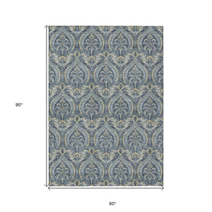 Homeroots 5' X 8' Blue And Cream Damask Washable Non Skid Indoor Outdoor Area Rug Blue Polyester 563866