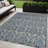 Homeroots 5' X 8' Blue And Cream Damask Washable Non Skid Indoor Outdoor Area Rug Blue Polyester 563866