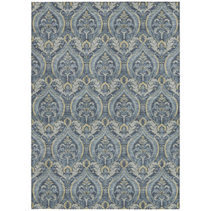 Homeroots 5' X 8' Blue And Cream Damask Washable Non Skid Indoor Outdoor Area Rug Blue Polyester 563866
