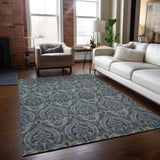 Homeroots 5' X 8' Blue And Cream Damask Washable Non Skid Indoor Outdoor Area Rug Blue Polyester 563866