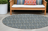 Homeroots 8' Round Blue And Cream Round Damask Washable Non Skid Indoor Outdoor Area Rug Blue Polyester 563867