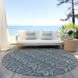 Homeroots 8' Round Blue And Cream Round Damask Washable Non Skid Indoor Outdoor Area Rug Blue Polyester 563867