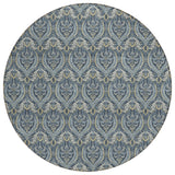 Homeroots 8' Round Blue And Cream Round Damask Washable Non Skid Indoor Outdoor Area Rug Blue Polyester 563867