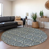 Homeroots 8' Round Blue And Cream Round Damask Washable Non Skid Indoor Outdoor Area Rug Blue Polyester 563867