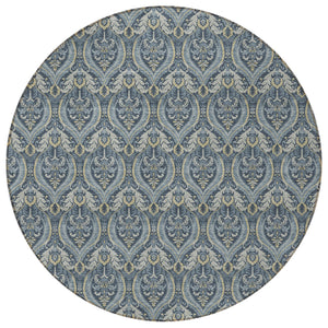 Homeroots 8' Round Blue And Cream Round Damask Washable Non Skid Indoor Outdoor Area Rug Blue Polyester 563867