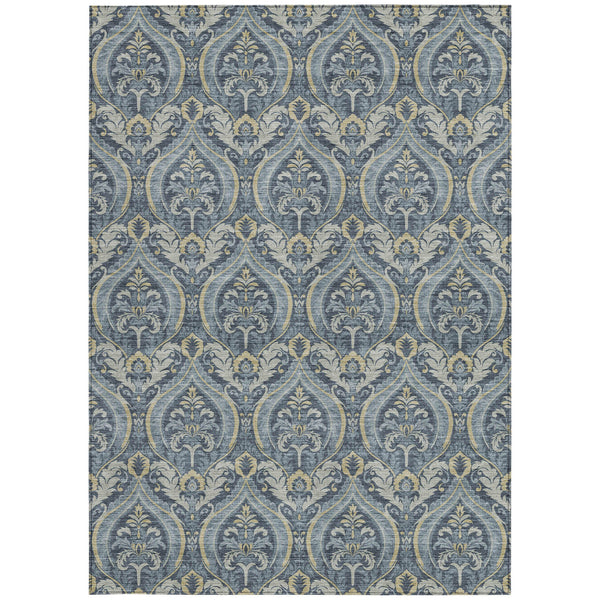 Homeroots 9' X 12' Blue And Cream Damask Washable Non Skid Indoor Outdoor Area Rug Blue Polyester 563869