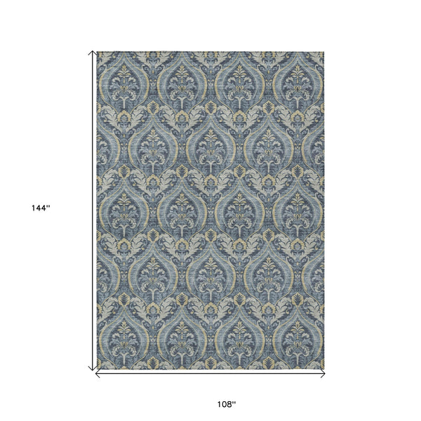 Homeroots 9' X 12' Blue And Cream Damask Washable Non Skid Indoor Outdoor Area Rug Blue Polyester 563869