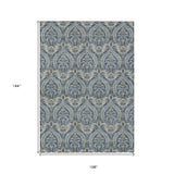 Homeroots 9' X 12' Blue And Cream Damask Washable Non Skid Indoor Outdoor Area Rug Blue Polyester 563869