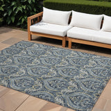 Homeroots 9' X 12' Blue And Cream Damask Washable Non Skid Indoor Outdoor Area Rug Blue Polyester 563869