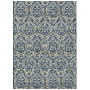 Homeroots 9' X 12' Blue And Cream Damask Washable Non Skid Indoor Outdoor Area Rug Blue Polyester 563869