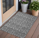 Homeroots 3' X 5' Gray Damask Washable Non Skid Indoor Outdoor Area Rug Gray Polyester 563874