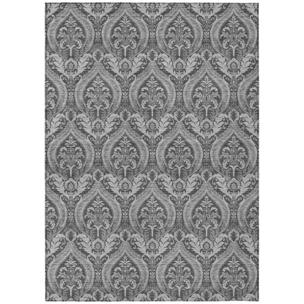 Homeroots 3' X 5' Gray Damask Washable Non Skid Indoor Outdoor Area Rug Gray Polyester 563874