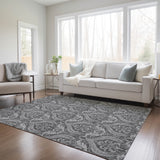 Homeroots 3' X 5' Gray Damask Washable Non Skid Indoor Outdoor Area Rug Gray Polyester 563874