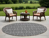 Homeroots 8' Round Gray Round Damask Washable Non Skid Indoor Outdoor Area Rug Gray Polyester 563876