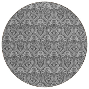 Homeroots 8' Round Gray Round Damask Washable Non Skid Indoor Outdoor Area Rug Gray Polyester 563876