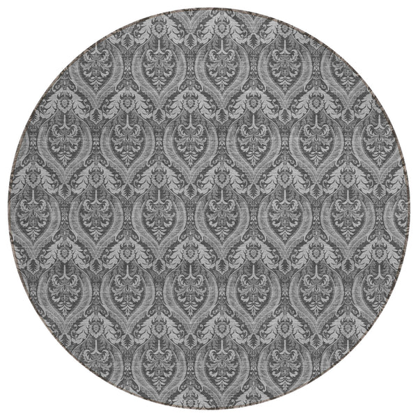 Homeroots 8' Round Gray Round Damask Washable Non Skid Indoor Outdoor Area Rug Gray Polyester 563876