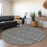 Homeroots 8' Round Gray Round Damask Washable Non Skid Indoor Outdoor Area Rug Gray Polyester 563876