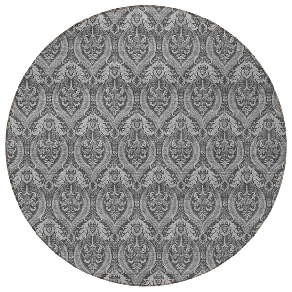 Homeroots 8' Round Gray Round Damask Washable Non Skid Indoor Outdoor Area Rug Gray Polyester 563876
