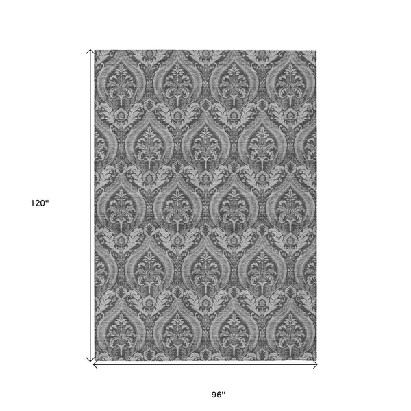 Homeroots 8' X 10' Gray Damask Washable Non Skid Indoor Outdoor Area Rug Gray Polyester 563877