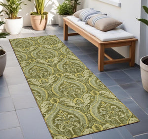 Homeroots 8' Runner Green Damask Washable Non Skid Indoor Outdoor Runner Rug Green Polyester 563881