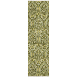 Homeroots 8' Runner Green Damask Washable Non Skid Indoor Outdoor Runner Rug Green Polyester 563881