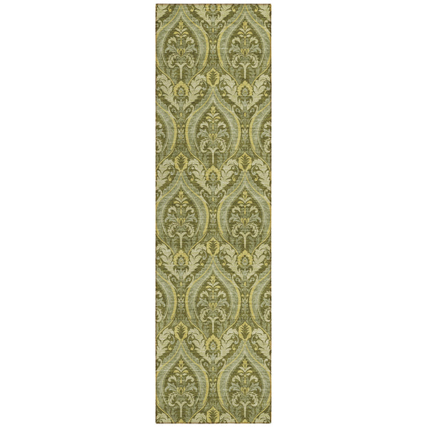Homeroots 8' Runner Green Damask Washable Non Skid Indoor Outdoor Runner Rug Green Polyester 563881