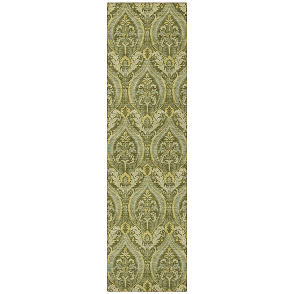 Homeroots 8' Runner Green Damask Washable Non Skid Indoor Outdoor Runner Rug Green Polyester 563881