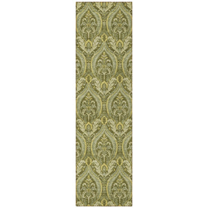 Homeroots 8' Runner Green Damask Washable Non Skid Indoor Outdoor Runner Rug Green Polyester 563881