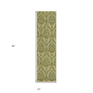 Homeroots 8' Runner Green Damask Washable Non Skid Indoor Outdoor Runner Rug Green Polyester 563881