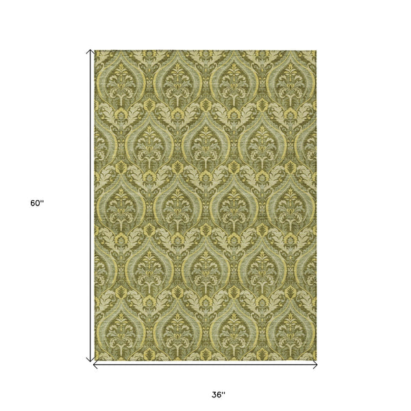 Homeroots 3' X 5' Green Damask Washable Non Skid Indoor Outdoor Area Rug Green Polyester 563883